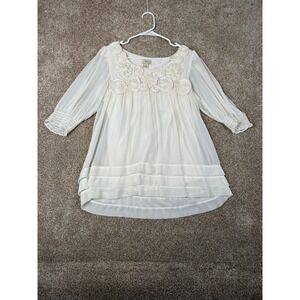 Yvos Ivory Floral Rosette Chiffon Tunic Blouse Smocked 3/4 Sleeve Size 8